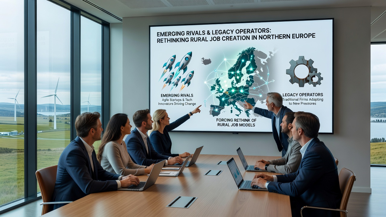 Technicians collaborating on rural network upgrades in a Nordic countryside setting