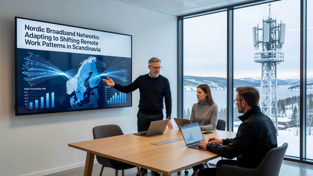 Remote worker using high-speed internet in a modern Scandinavian home office with laptop and video call setup